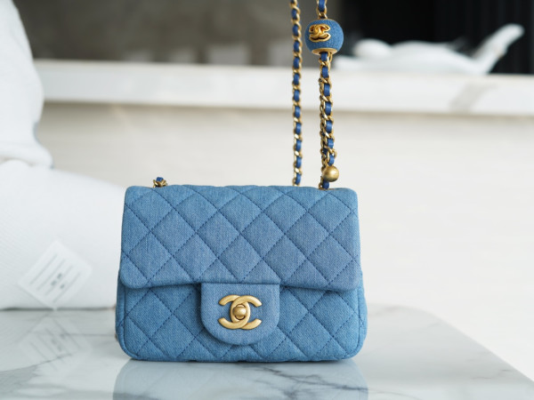 CL Denim Quilted Mini Pearl Crush Flap Blue