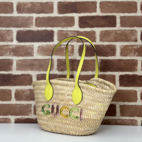 G*u*i mini straw tote with G*u*i logo